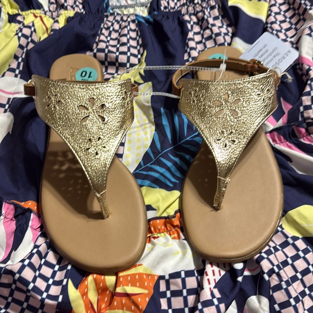 Aerosole Women’s Gold T-Strap Sandals - Stylish Summer Flats Size 10